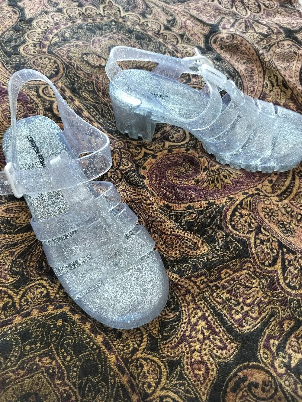 London Rebel Size 10 Clear Silver Glitter Heeled Jelly Sandals EUC - Picture 6 of 11